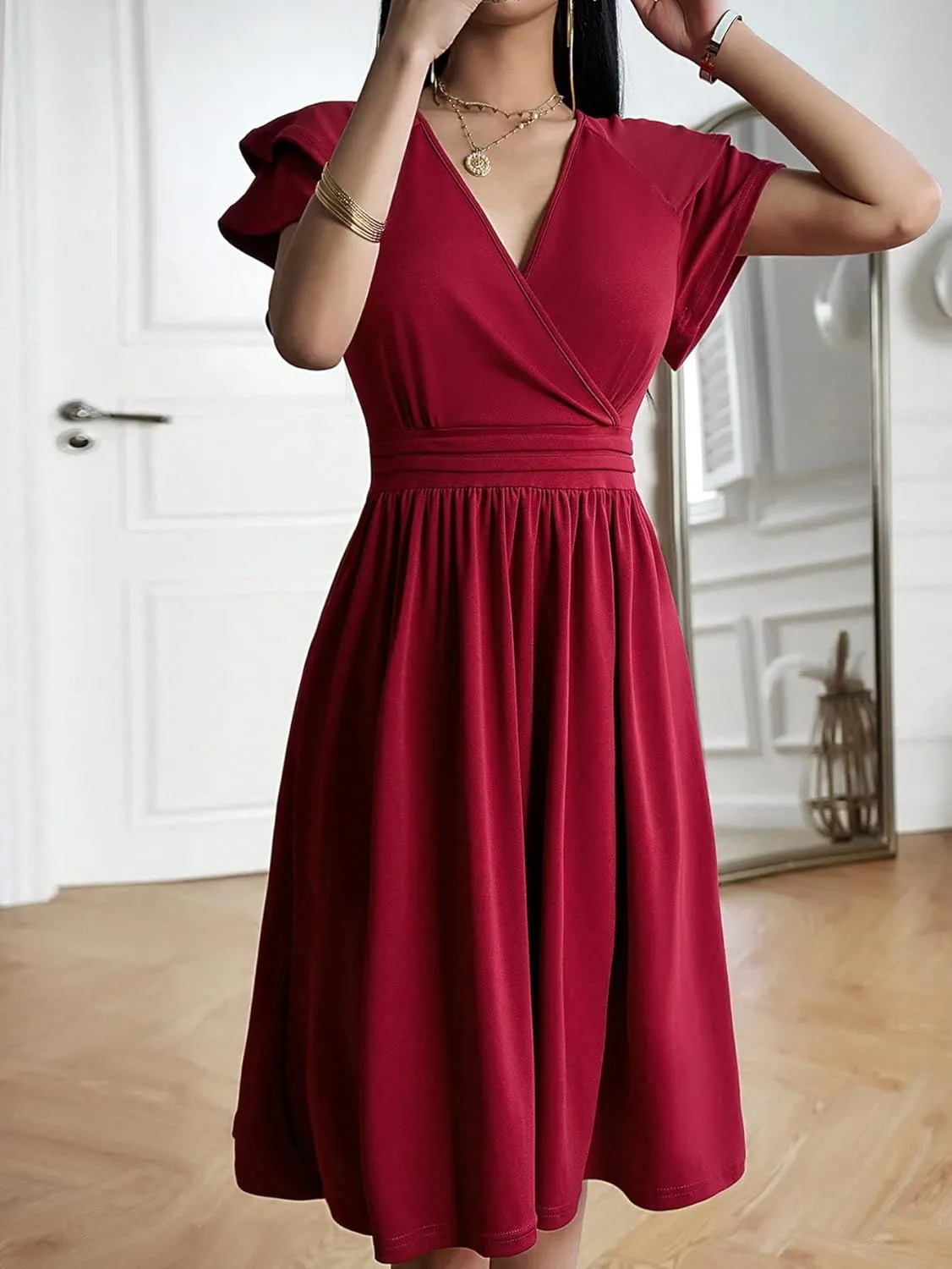 SweatyRocks Women's Wrap V Neck Short Sleeve Midi Dress Elegant Ruffle High Waist A Line Dresses