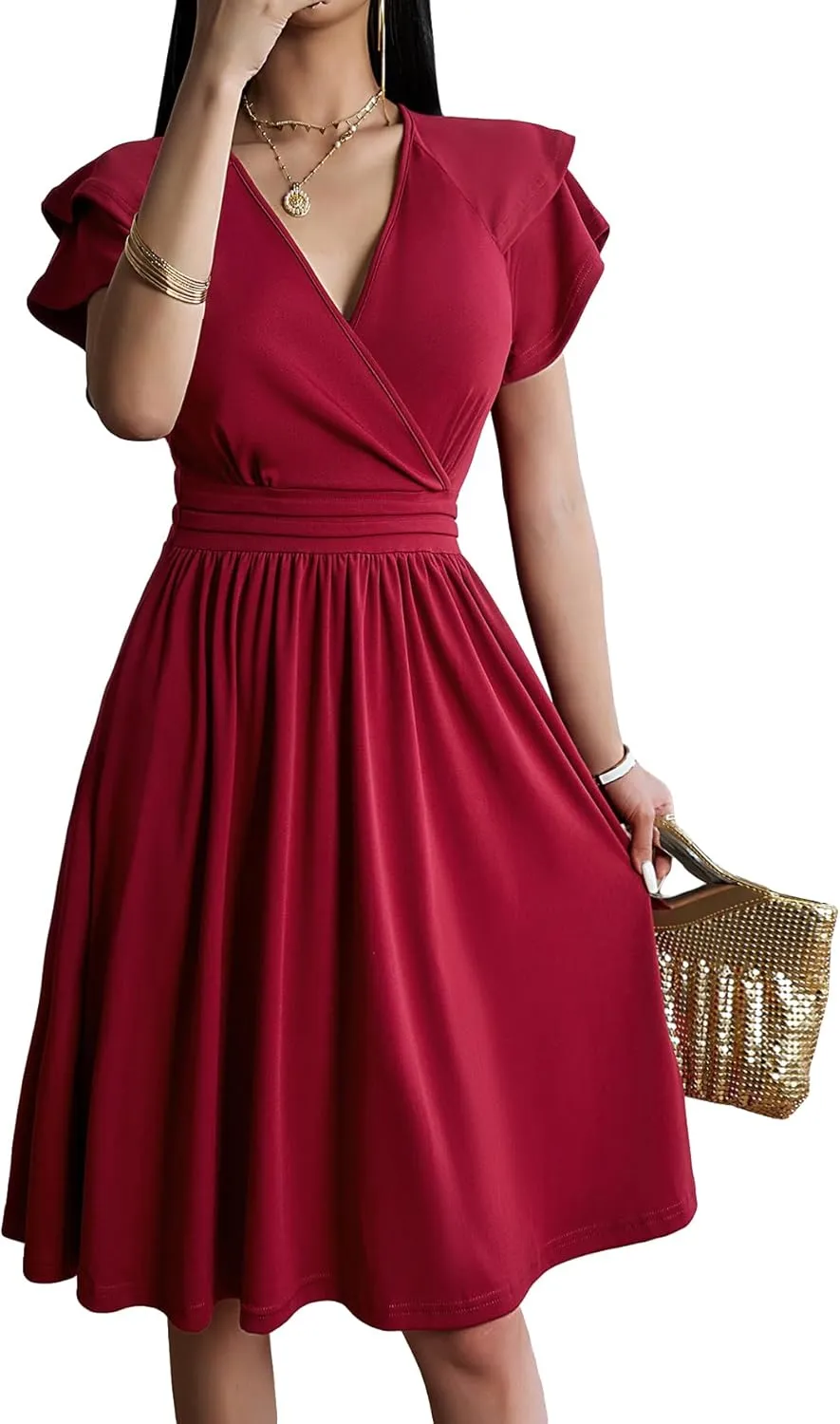 SweatyRocks Women's Wrap V Neck Short Sleeve Midi Dress Elegant Ruffle High Waist A Line Dresses