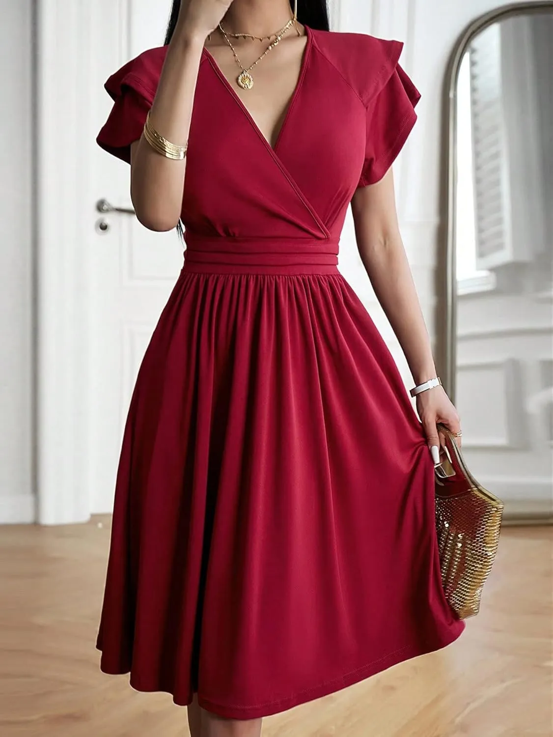 SweatyRocks Women's Wrap V Neck Short Sleeve Midi Dress Elegant Ruffle High Waist A Line Dresses
