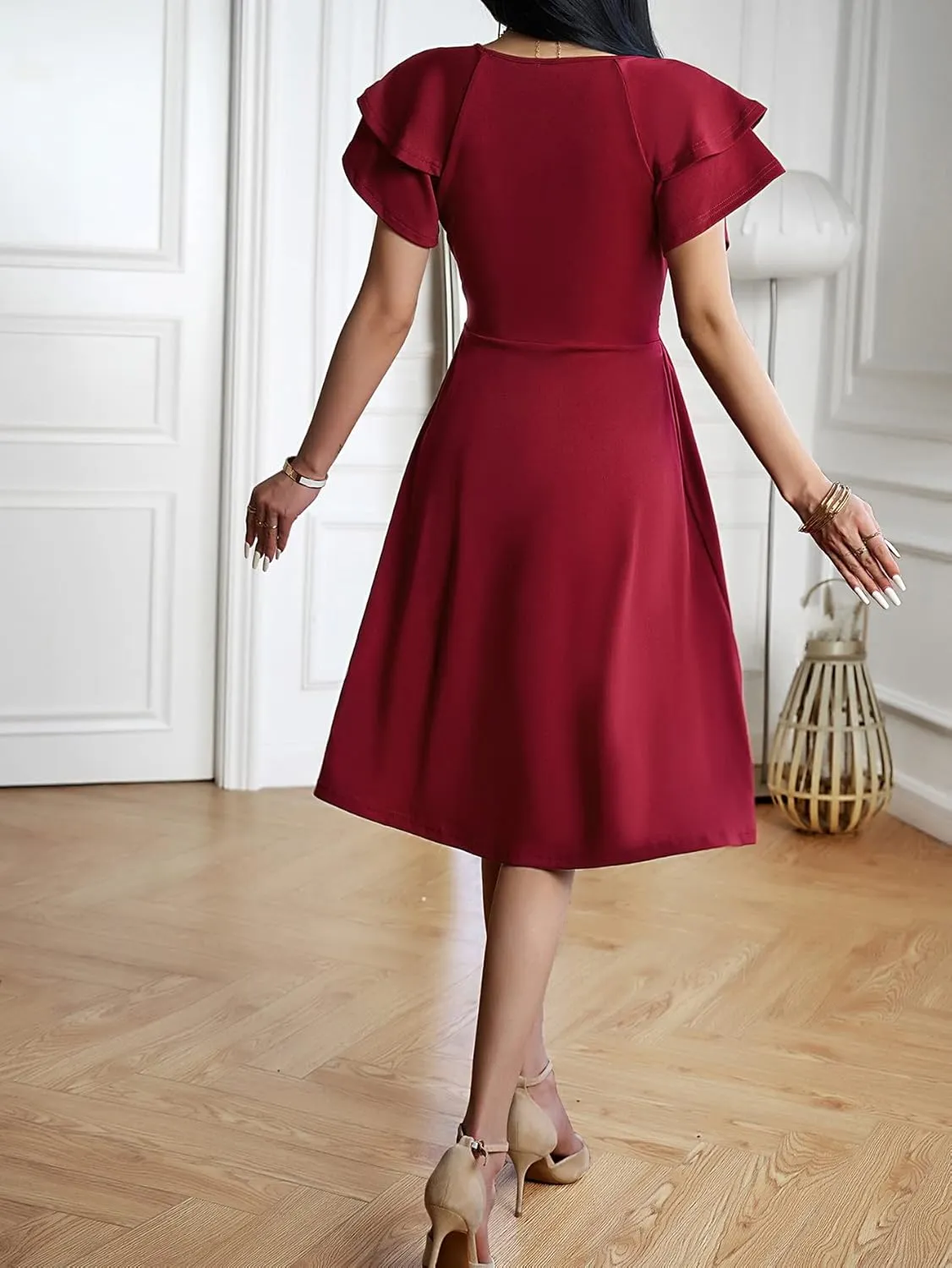 SweatyRocks Women's Wrap V Neck Short Sleeve Midi Dress Elegant Ruffle High Waist A Line Dresses