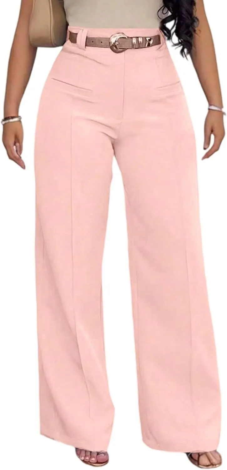 Tcremisa Women's Dressy Wide Leg Long Palazzo Pants Casual Straight Legs Loose High Waist Trousers(No Belt)
