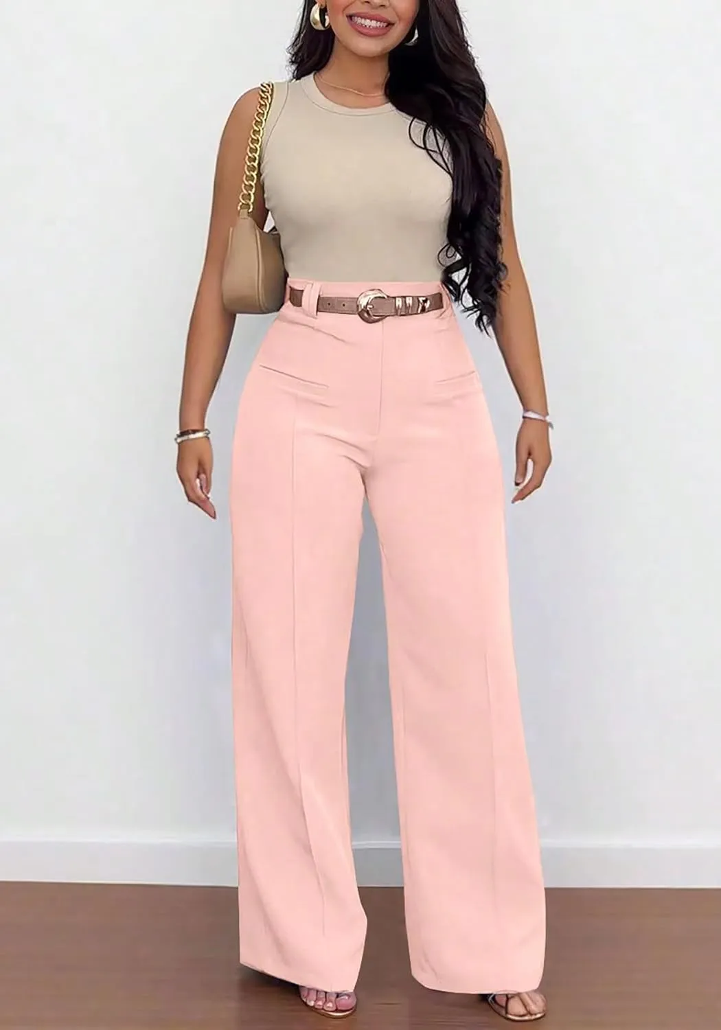 Tcremisa Women's Dressy Wide Leg Long Palazzo Pants Casual Straight Legs Loose High Waist Trousers(No Belt)