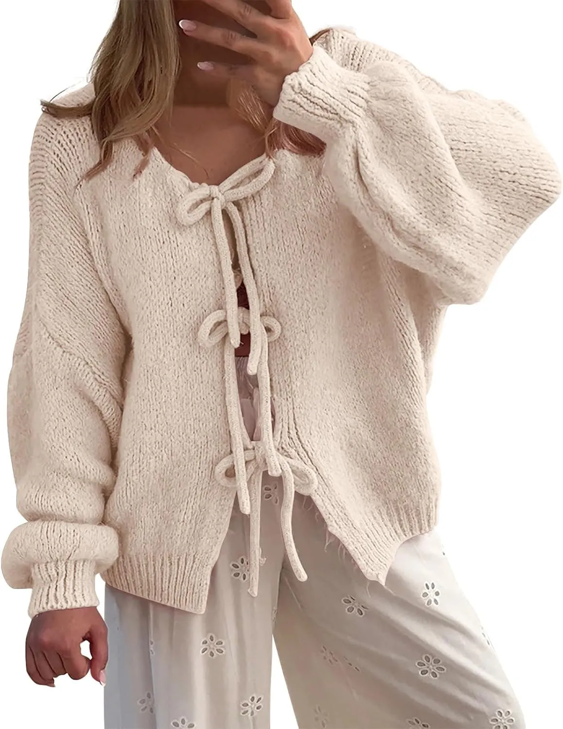 Tie Front Cardigan Womens Open Front Sweaters Y2K Cable Knit Lightweight Long Sleeve Tops Dressy Fall Outfits