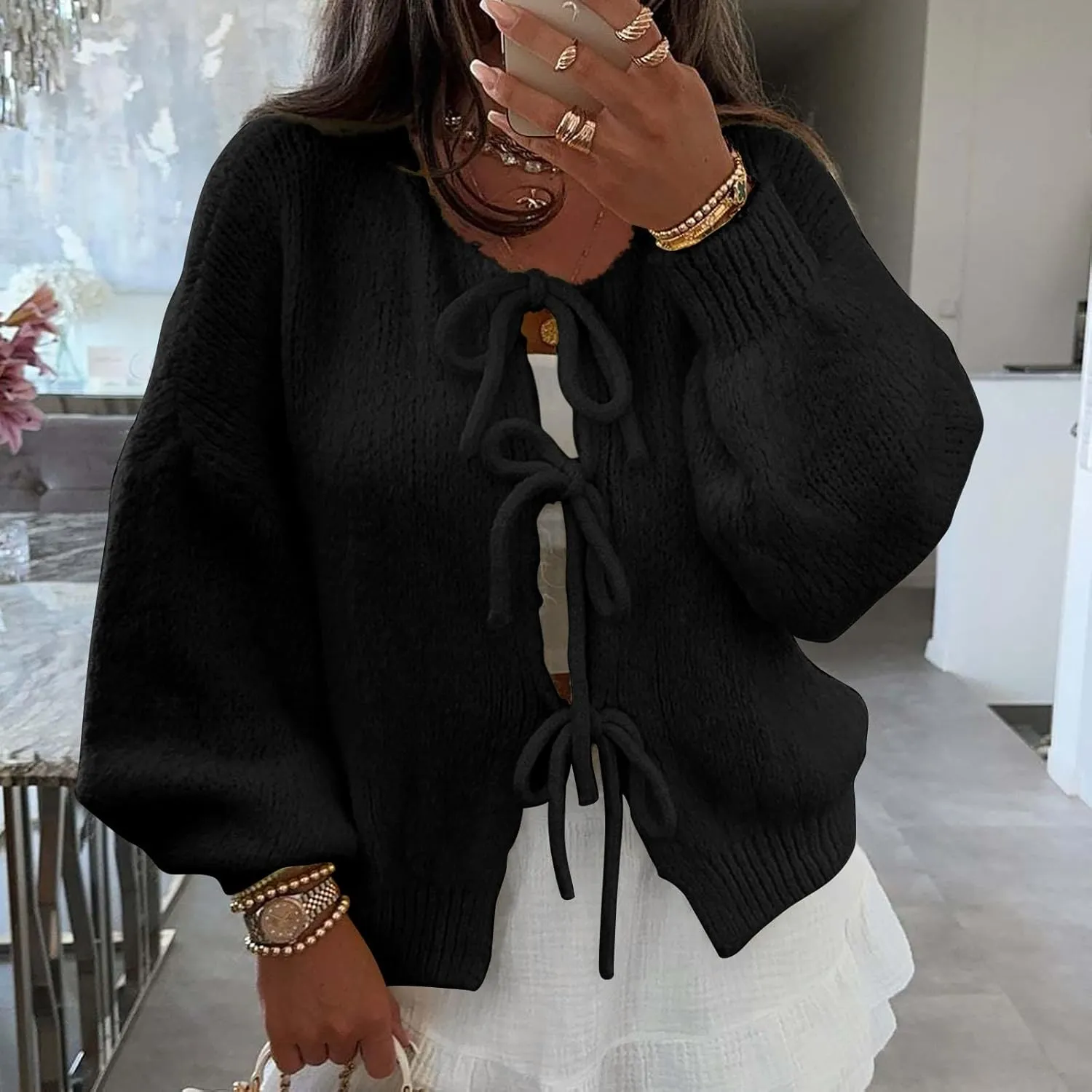 Tie Front Cardigan Womens Open Front Sweaters Y2K Cable Knit Lightweight Long Sleeve Tops Dressy Fall Outfits