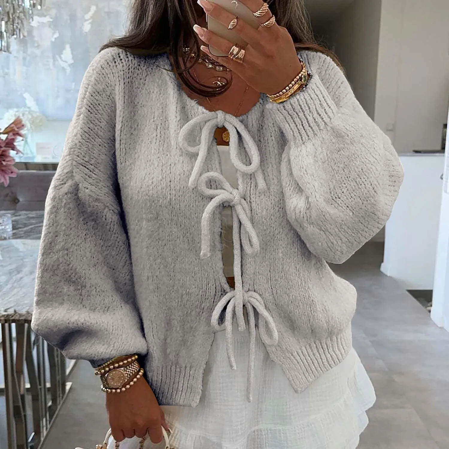 Tie Front Cardigan Womens Open Front Sweaters Y2K Cable Knit Lightweight Long Sleeve Tops Dressy Fall Outfits