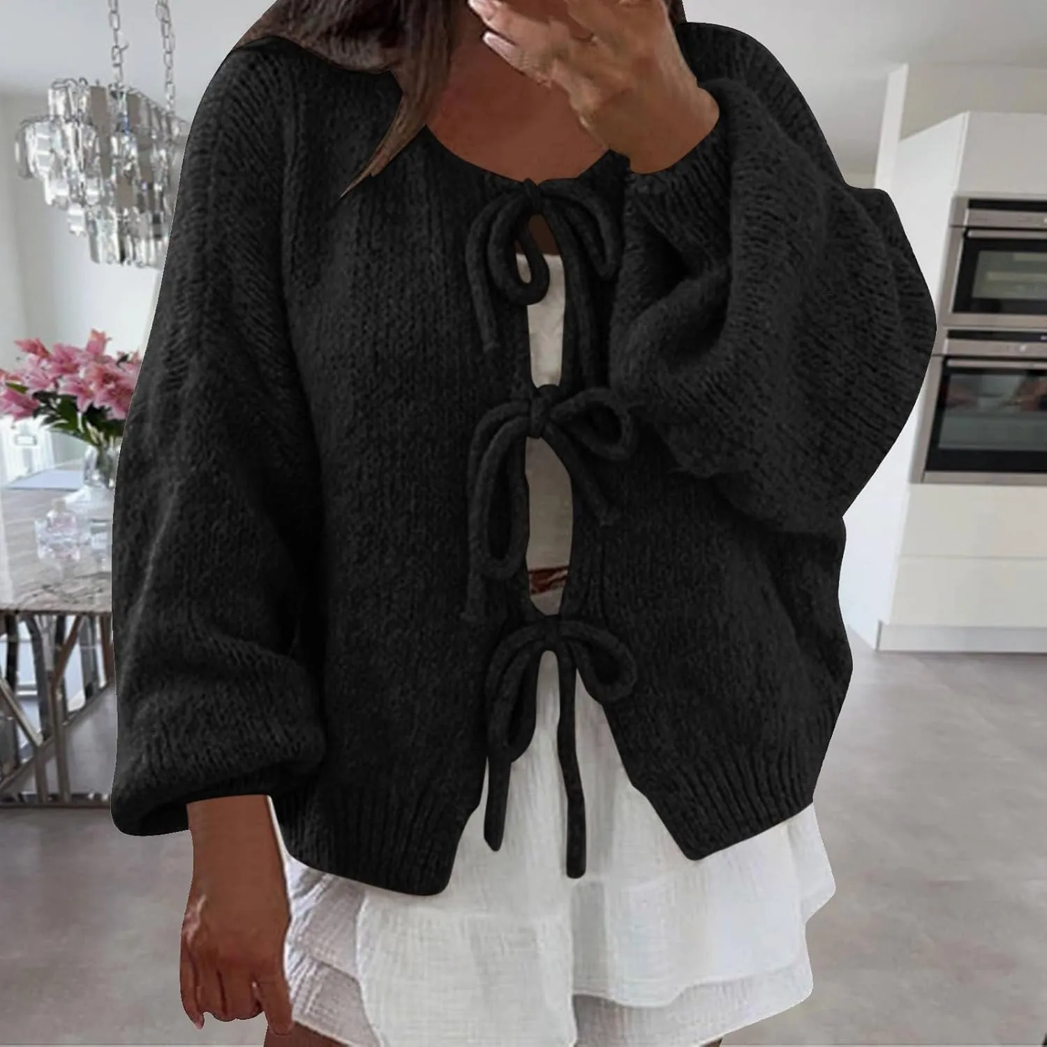 Tie Front Cardigan Womens Open Front Sweaters Y2K Cable Knit Lightweight Long Sleeve Tops Dressy Fall Outfits