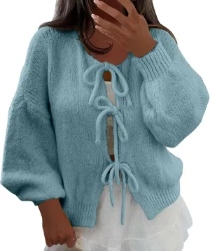 Tie Front Cardigan Womens Open Front Sweaters Y2K Cable Knit Lightweight Long Sleeve Tops Dressy Fall Outfits