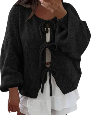 Tie Front Cardigan Womens Open Front Sweaters Y2K Cable Knit Lightweight Long Sleeve Tops Dressy Fall Outfits