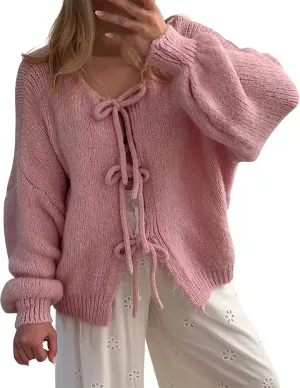 Tie Front Cardigan Womens Open Front Sweaters Y2K Cable Knit Lightweight Long Sleeve Tops Dressy Fall Outfits