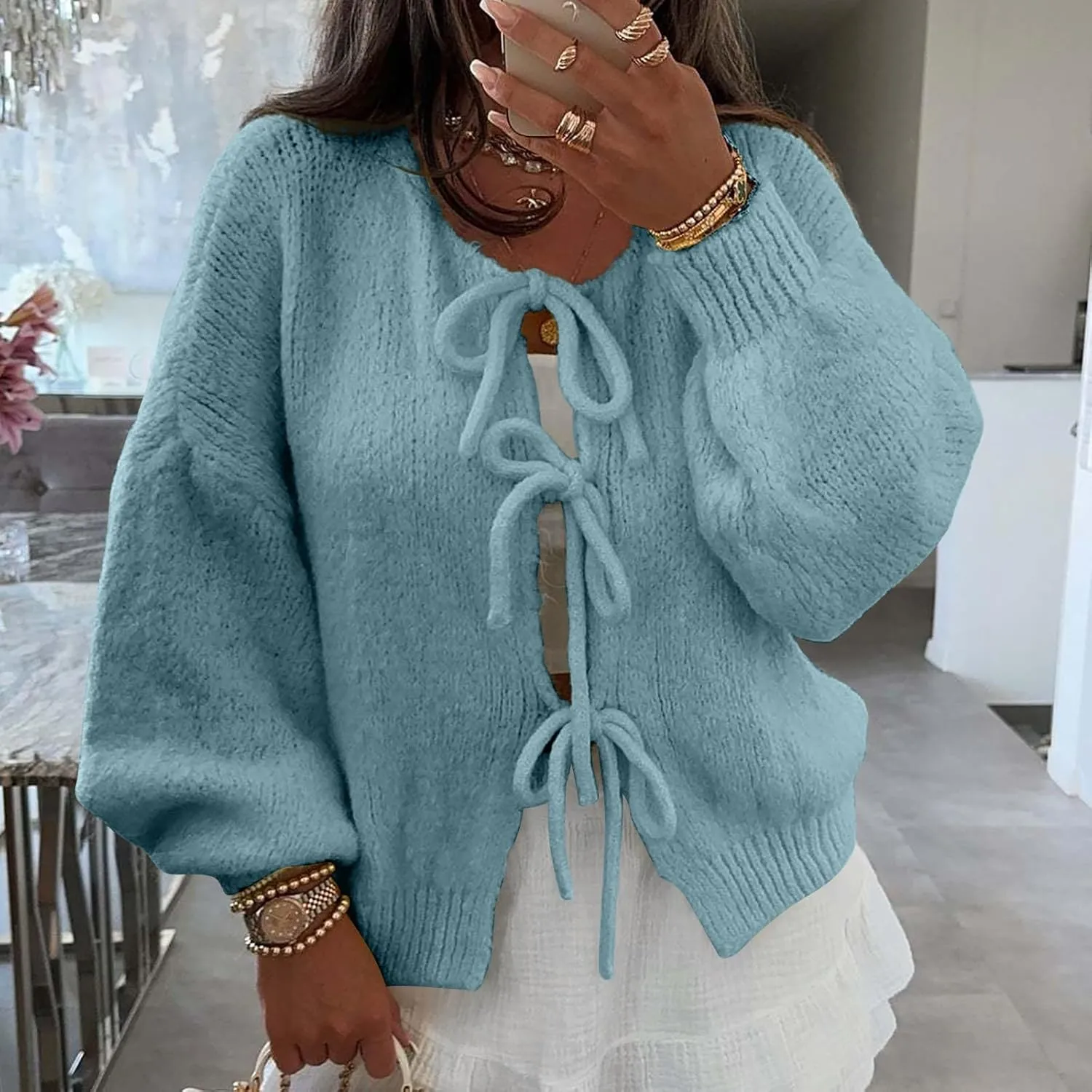 Tie Front Cardigan Womens Open Front Sweaters Y2K Cable Knit Lightweight Long Sleeve Tops Dressy Fall Outfits