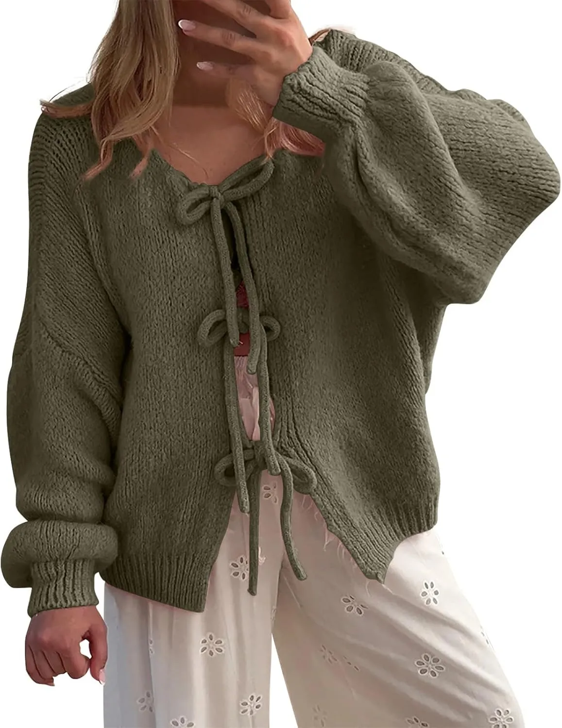 Tie Front Cardigan Womens Open Front Sweaters Y2K Cable Knit Lightweight Long Sleeve Tops Dressy Fall Outfits