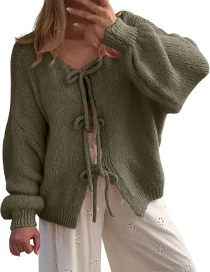 Tie Front Cardigan Womens Open Front Sweaters Y2K Cable Knit Lightweight Long Sleeve Tops Dressy Fall Outfits