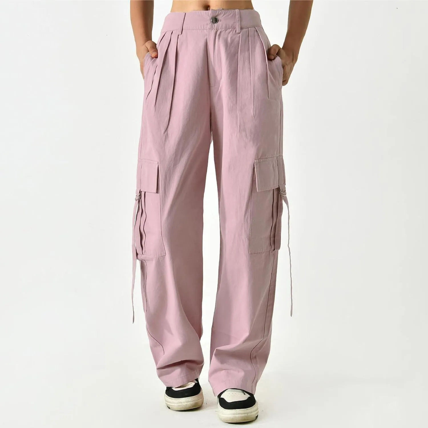 Trendy Pleated Cargo Pants for Women Cotton High Waisted Straight Leg Hiking Trousers Flap Pocket Casual Solid Y2K Streetwear