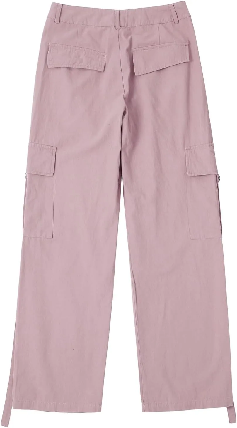Trendy Pleated Cargo Pants for Women Cotton High Waisted Straight Leg Hiking Trousers Flap Pocket Casual Solid Y2K Streetwear