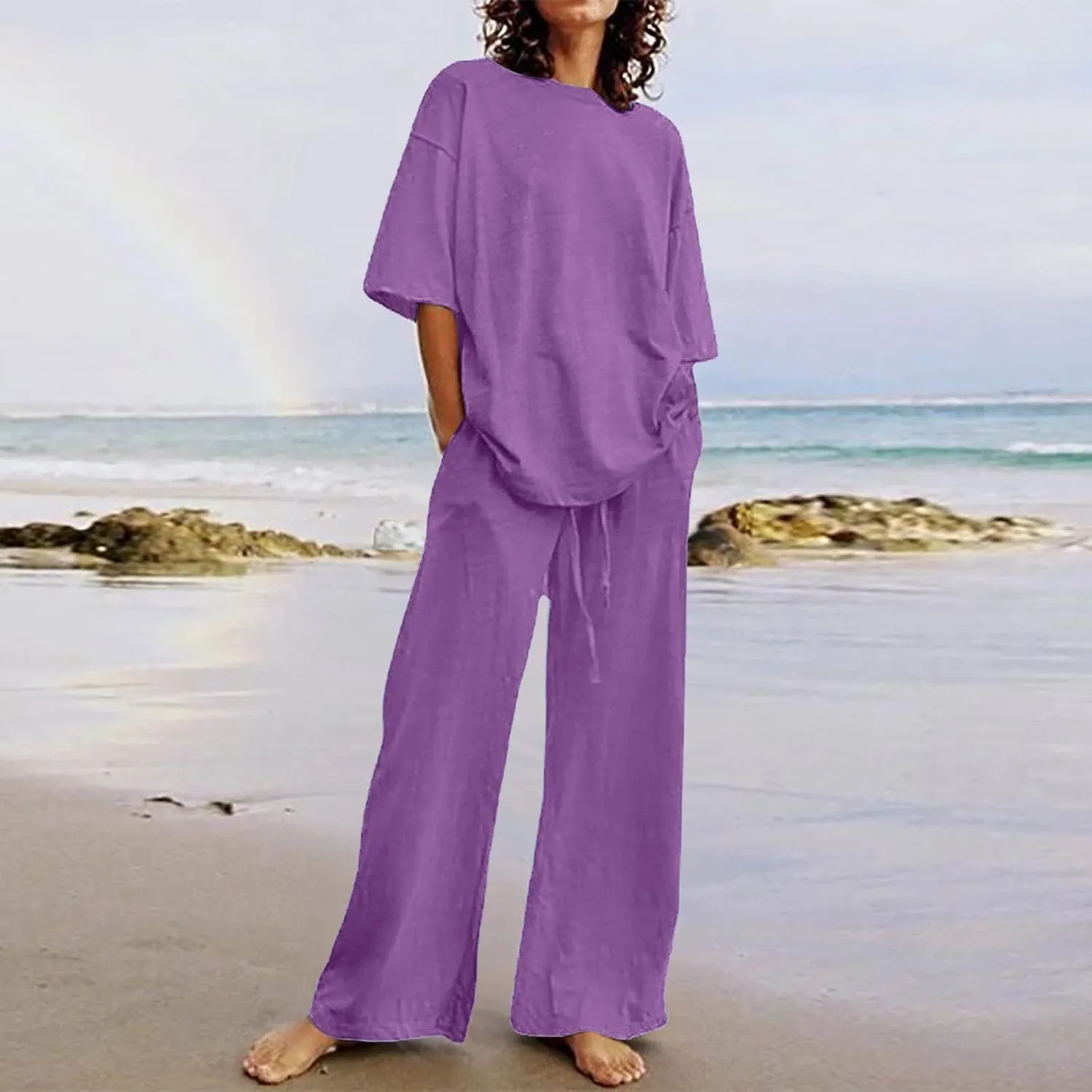 Two Piece Linen Cotton Sets for Women Summer Crewneck 3/4 Sleeve Tops High Waist Wide Leg Pants with Pockets 2025