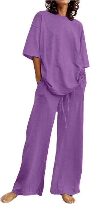 Two Piece Linen Cotton Sets for Women Summer Crewneck 3/4 Sleeve Tops High Waist Wide Leg Pants with Pockets 2025