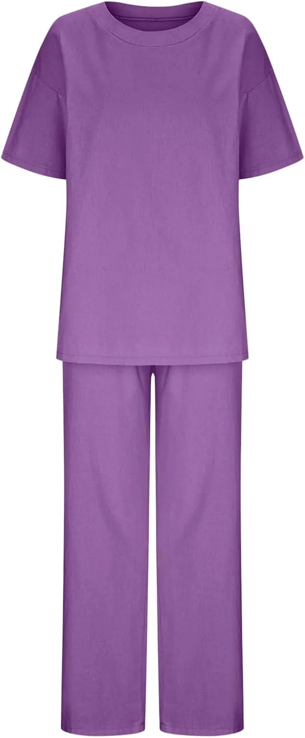 Two Piece Linen Cotton Sets for Women Summer Crewneck 3/4 Sleeve Tops High Waist Wide Leg Pants with Pockets 2025