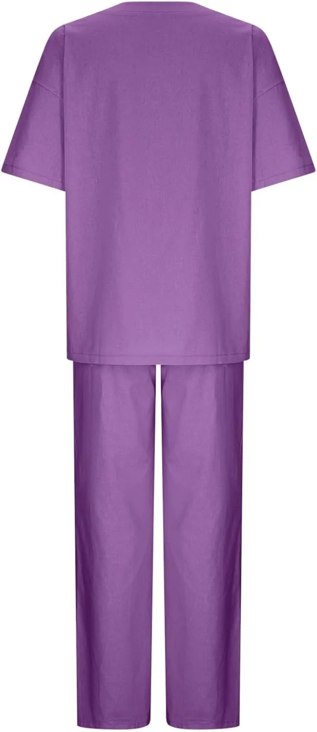 Two Piece Linen Cotton Sets for Women Summer Crewneck 3/4 Sleeve Tops High Waist Wide Leg Pants with Pockets 2025