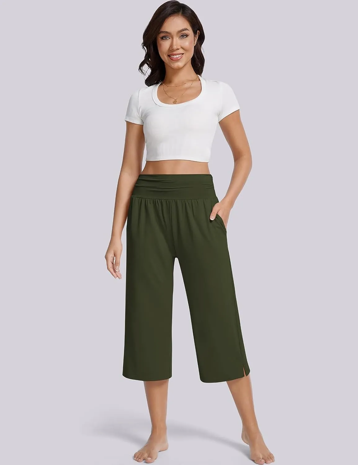 UEU Women's Summer Capris Yoga Pants for Women High Waisted Casual Wide Leg Loose Soft Pajamas with Pockets