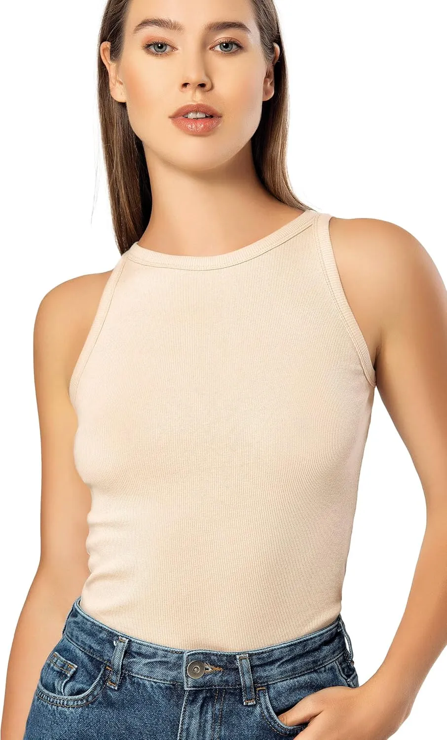 VAVONNE High Neck Tank Tops for Women, Ribbed Cotton Stretch Camisole Shirts