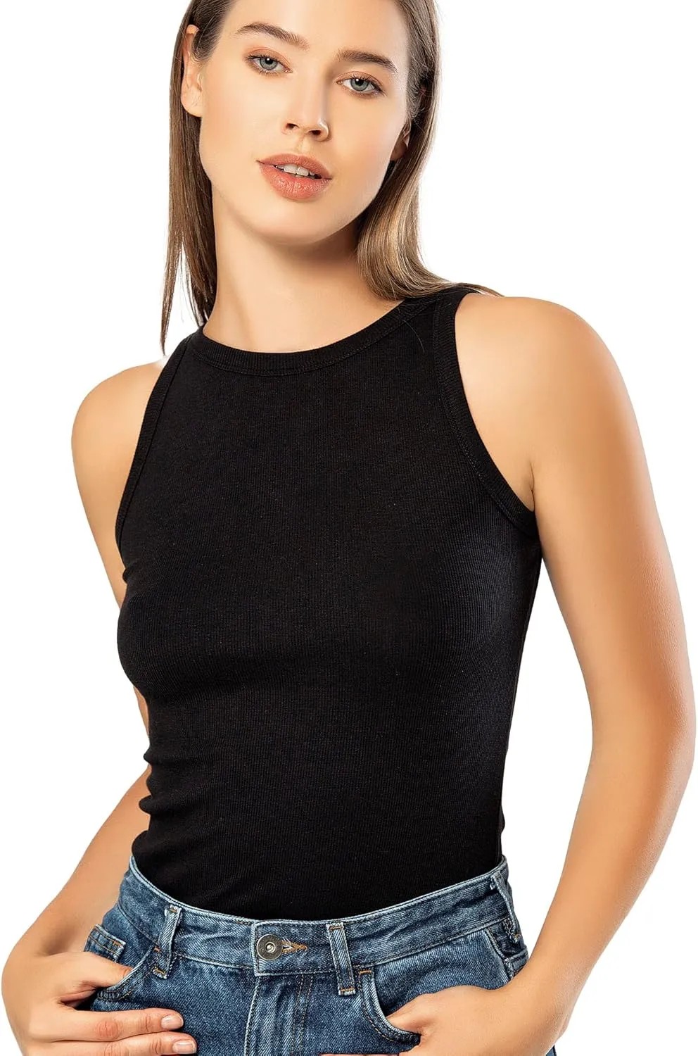 VAVONNE High Neck Tank Tops for Women, Ribbed Cotton Stretch Camisole Shirts