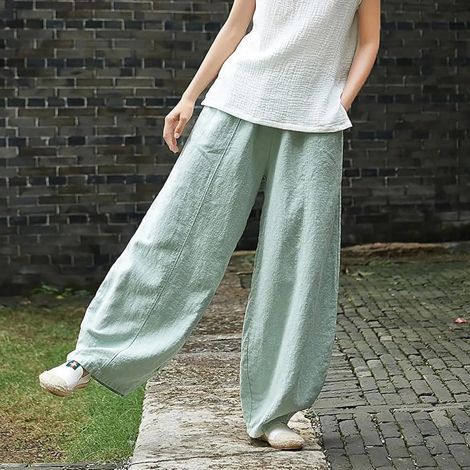 Vintage Wide Leg Work Cotton Spring Fashion Trends Lightweight WomenS Casual Pants Loose Fit Boho Pants Petite Linen