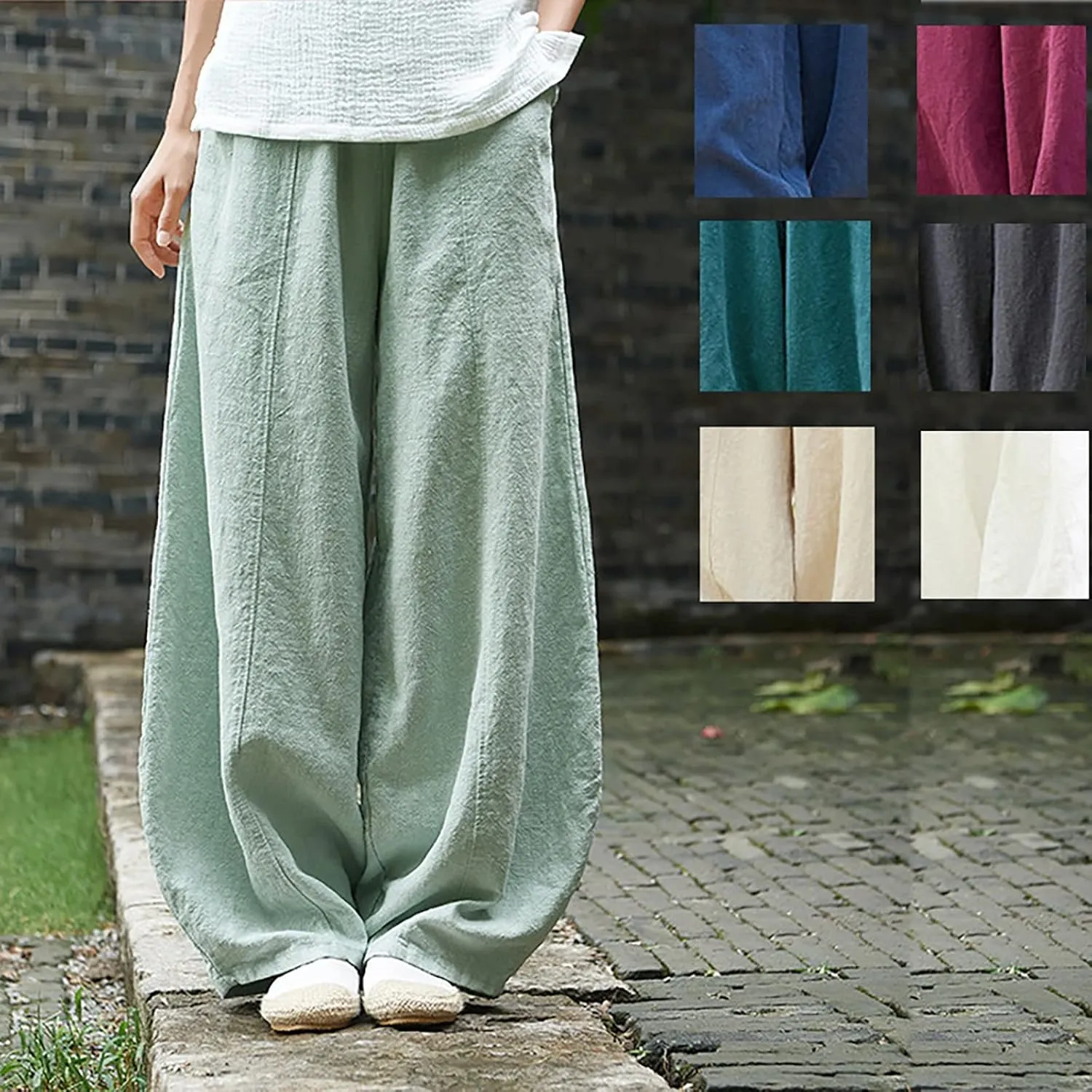 Vintage Wide Leg Work Cotton Spring Fashion Trends Lightweight WomenS Casual Pants Loose Fit Boho Pants Petite Linen