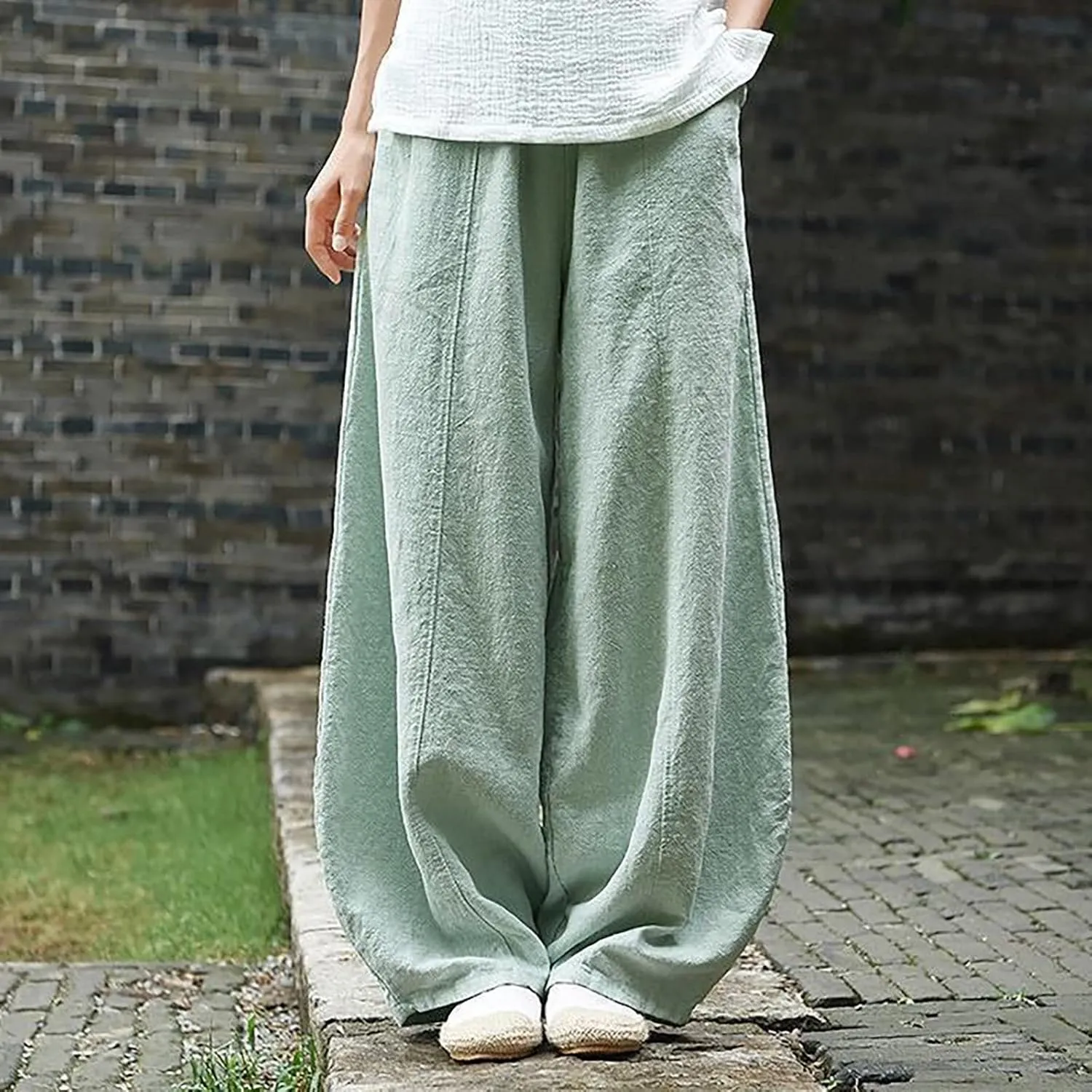 Vintage Wide Leg Work Cotton Spring Fashion Trends Lightweight WomenS Casual Pants Loose Fit Boho Pants Petite Linen