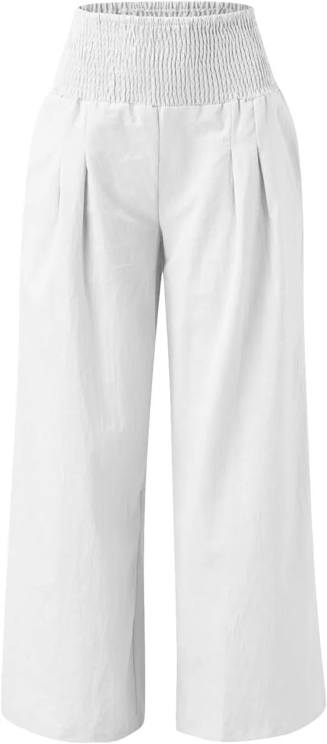 Wide Leg Linen Pants for Women Beach Summer Casual Elastic High Waist Loose Comfy Trousers Trendy Palazzo Pants with Pockets