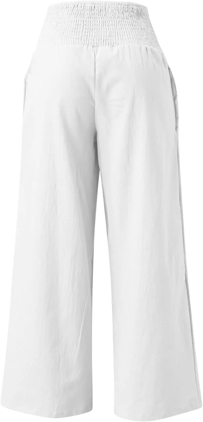 Wide Leg Linen Pants for Women Beach Summer Casual Elastic High Waist Loose Comfy Trousers Trendy Palazzo Pants with Pockets