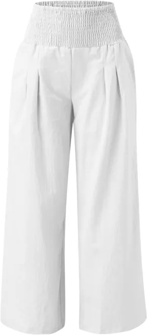 Wide Leg Linen Pants for Women Beach Summer Casual Elastic High Waist Loose Comfy Trousers Trendy Palazzo Pants with Pockets