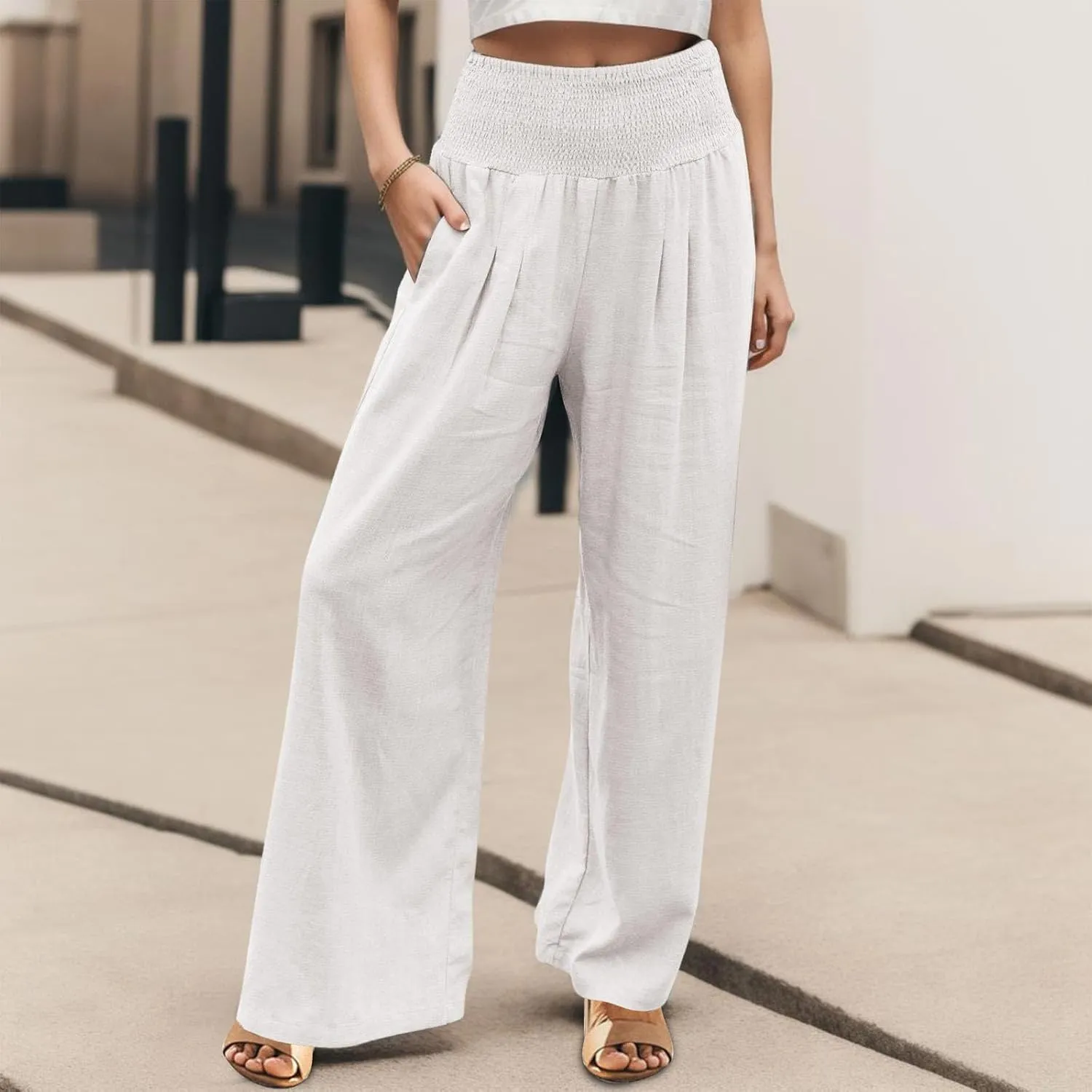 Wide Leg Linen Pants for Women Beach Summer Casual Elastic High Waist Loose Comfy Trousers Trendy Palazzo Pants with Pockets