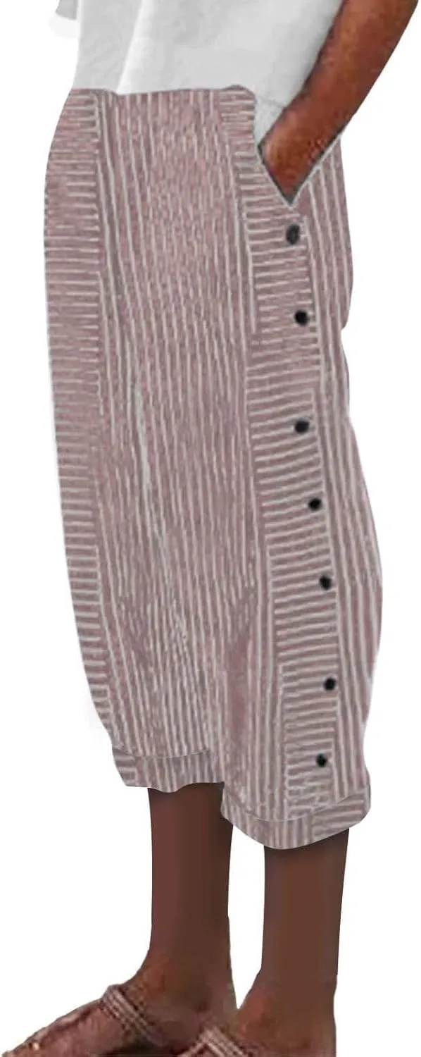 Wide Leg Linen Pants for Women Casual Side Button Striped Plus Size Straight Leg Yoga Cropped Trouser with Pockets