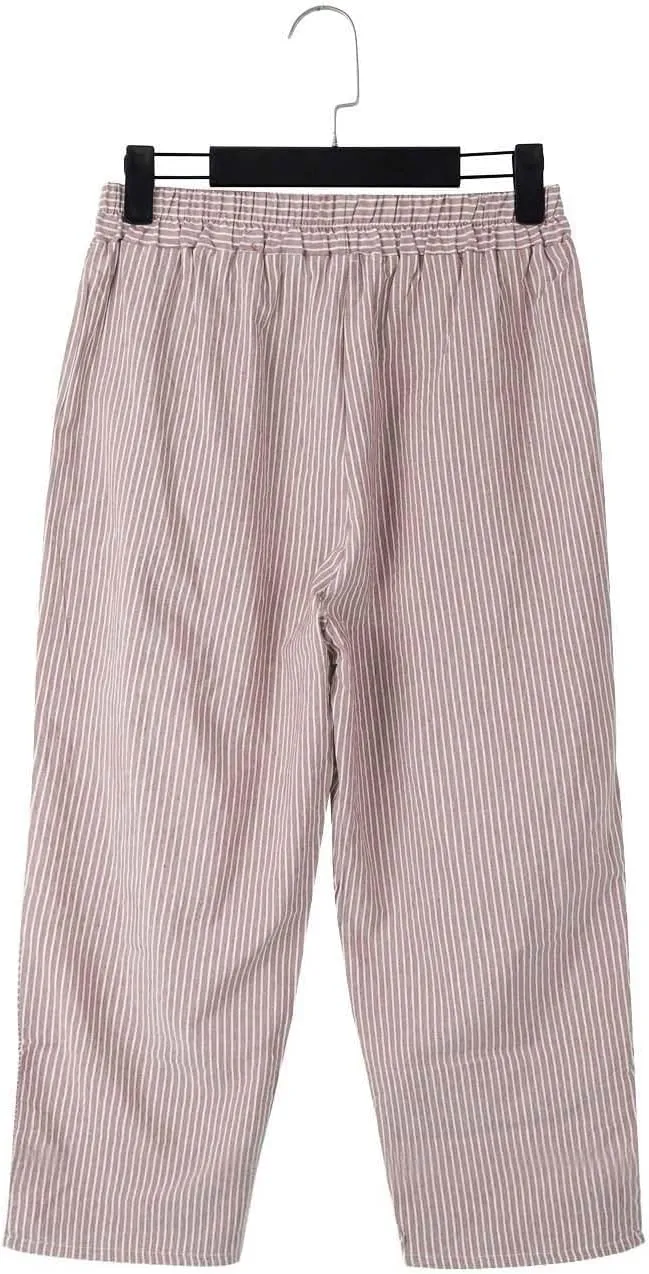 Wide Leg Linen Pants for Women Casual Side Button Striped Plus Size Straight Leg Yoga Cropped Trouser with Pockets