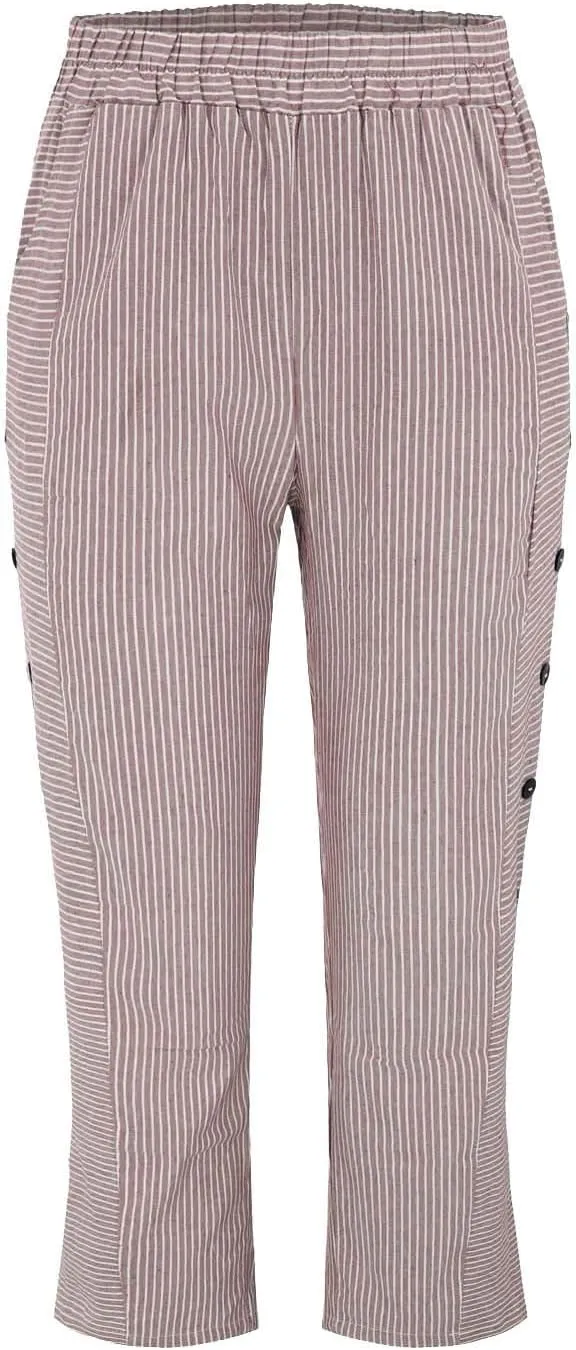 Wide Leg Linen Pants for Women Casual Side Button Striped Plus Size Straight Leg Yoga Cropped Trouser with Pockets
