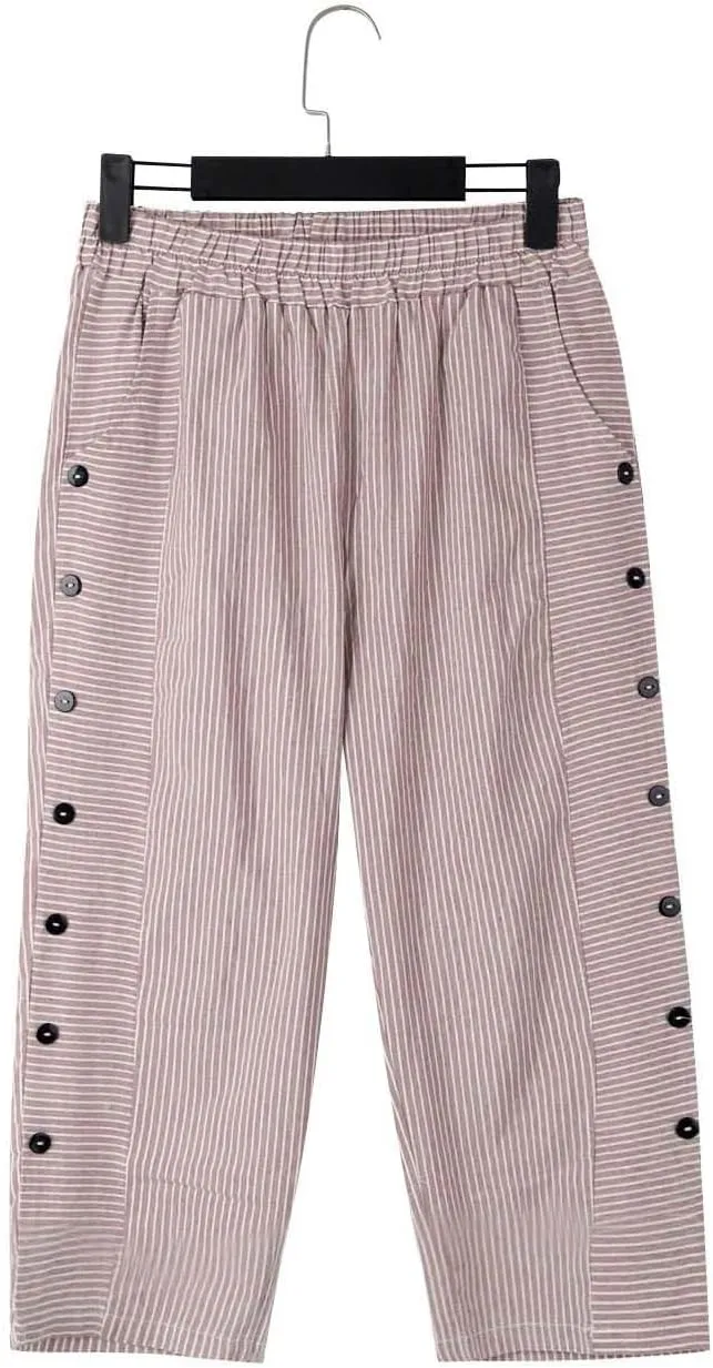 Wide Leg Linen Pants for Women Casual Side Button Striped Plus Size Straight Leg Yoga Cropped Trouser with Pockets