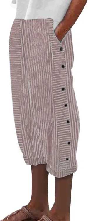 Wide Leg Linen Pants for Women Casual Side Button Striped Plus Size Straight Leg Yoga Cropped Trouser with Pockets