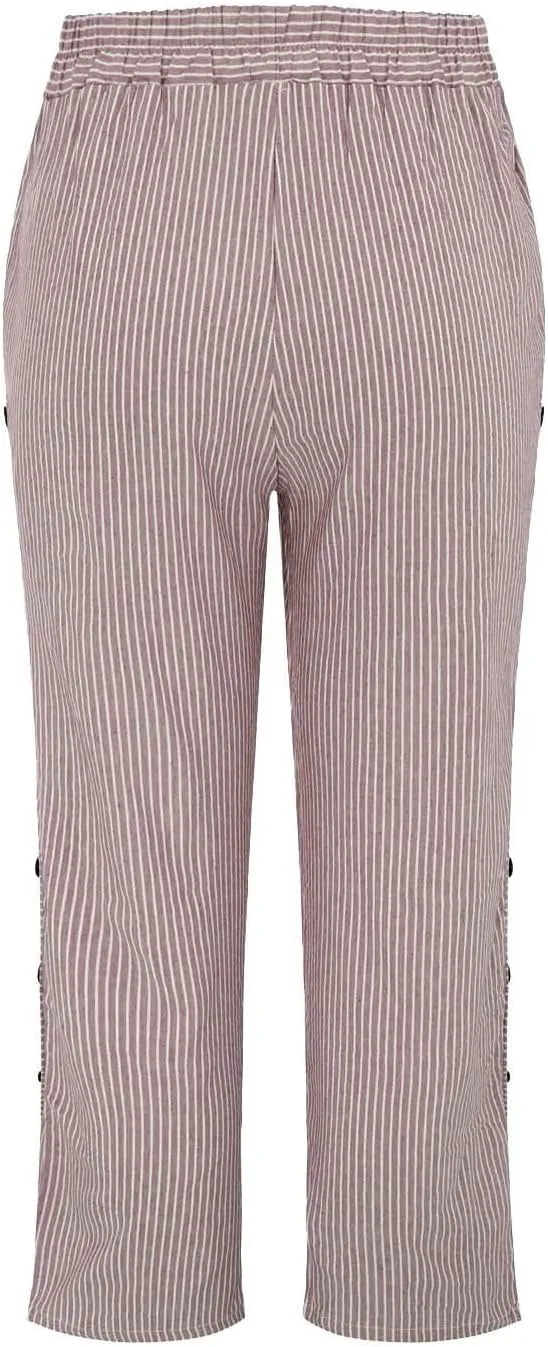 Wide Leg Linen Pants for Women Casual Side Button Striped Plus Size Straight Leg Yoga Cropped Trouser with Pockets