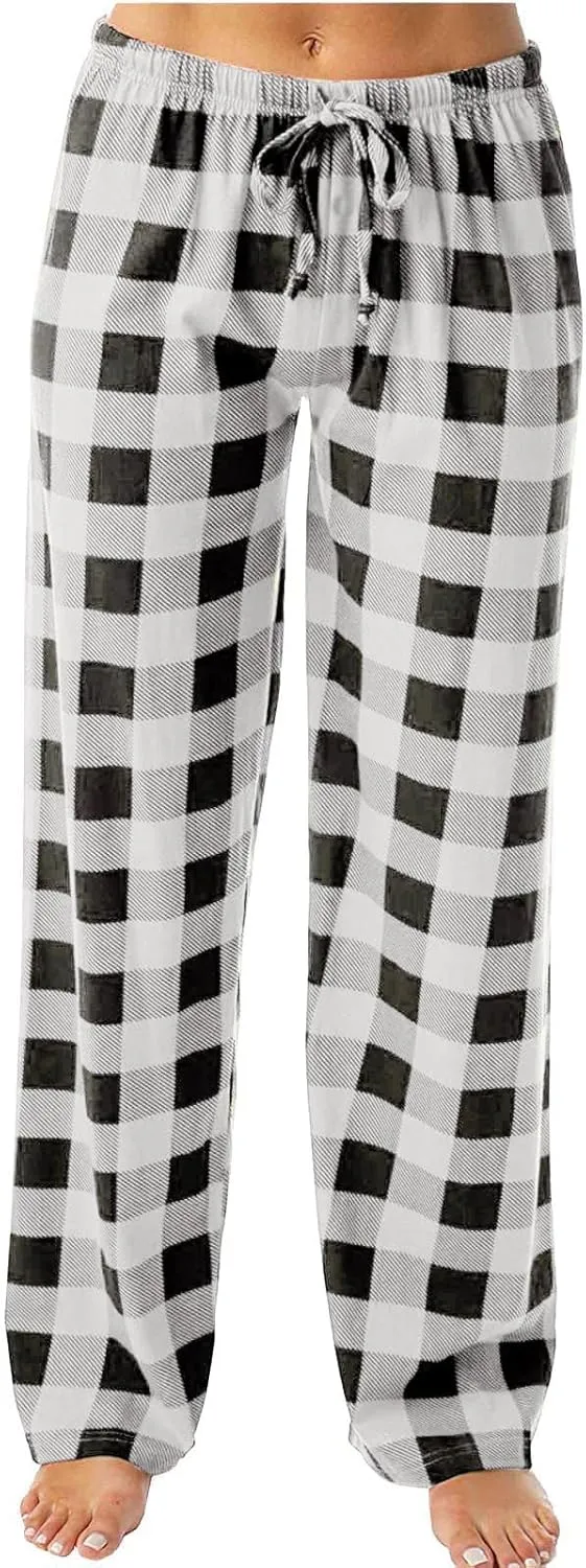 Wide Leg Pants for Women Plaid Mid Rise Elastic Waist Trousers Loose Casual Gingham Straight Palazzo Loungewear Pants