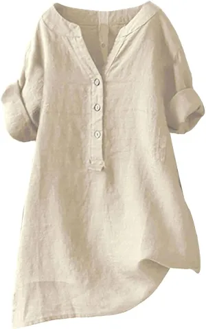 Women Button Down Collar Shirts V Neck Short Sleeve Linen Summer Casual Work Blouse Top Loose T Shirt