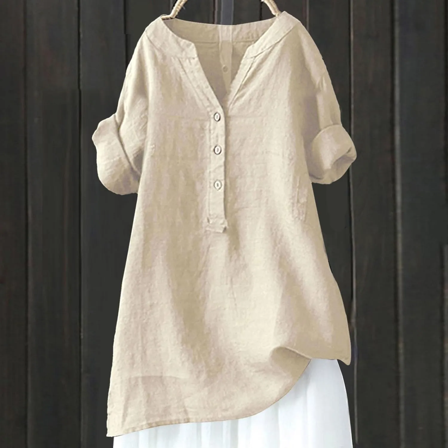 Women Button Down Collar Shirts V Neck Short Sleeve Linen Summer Casual Work Blouse Top Loose T Shirt