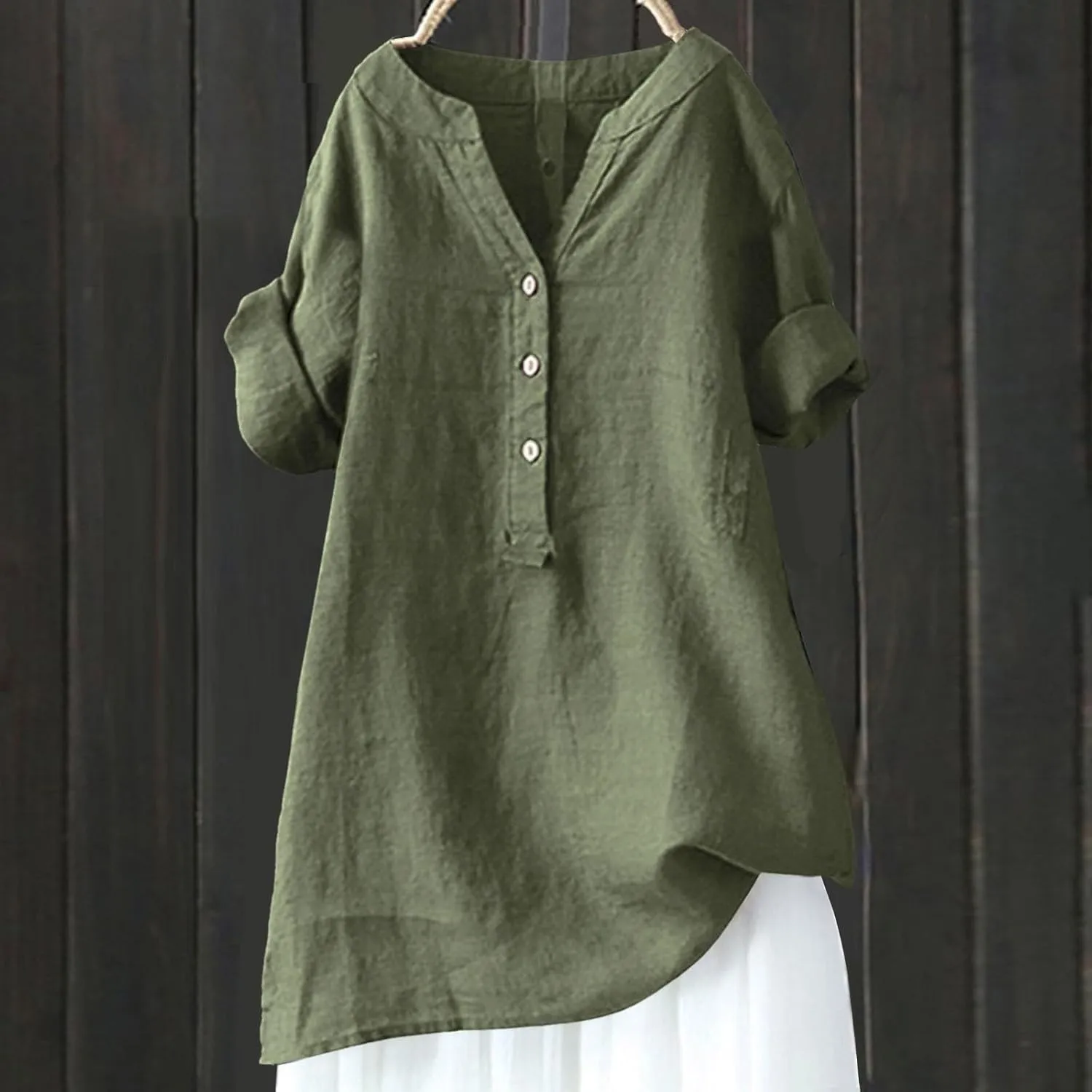 Women Button Down Collar Shirts V Neck Short Sleeve Linen Summer Casual Work Blouse Top Loose T Shirt