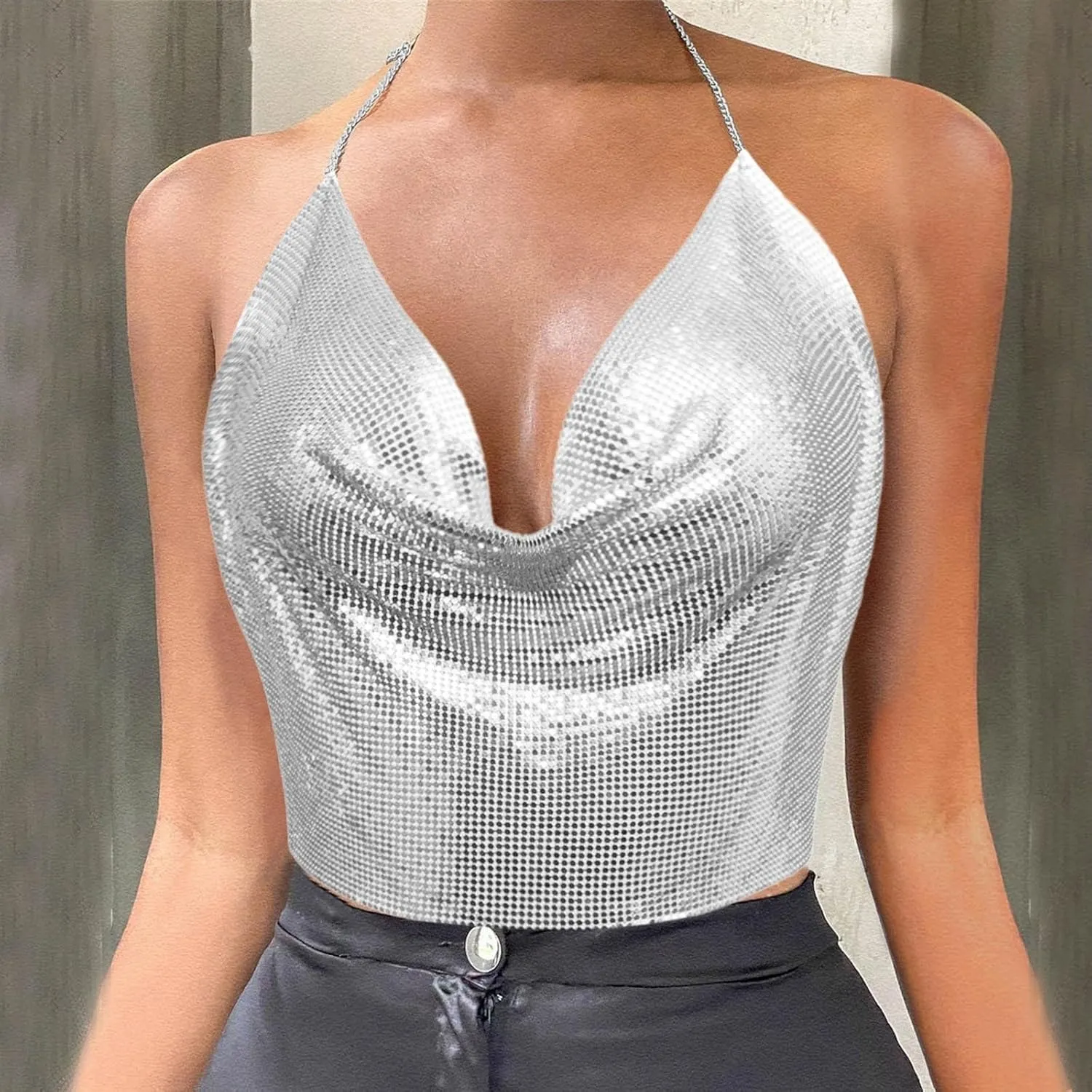 Women Chain Sexy Clothes Beading Tassel Sleeveless Backless Crop Top Club Vintage Tank Tops Wardrobe Women