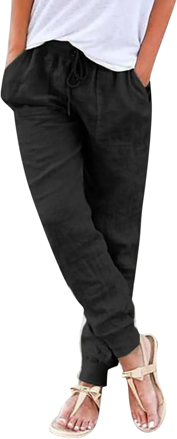 Women Cotton Linen Tapered Pants Drawstring Elastic High Waist Trousers Casual Summer Plus Size Joggers with Pockets