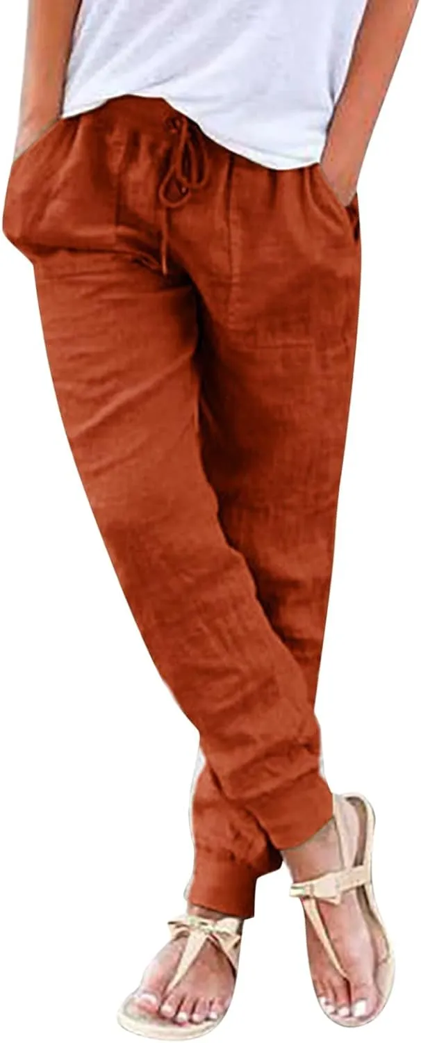 Women Cotton Linen Tapered Pants Drawstring Elastic High Waist Trousers Casual Summer Plus Size Joggers with Pockets