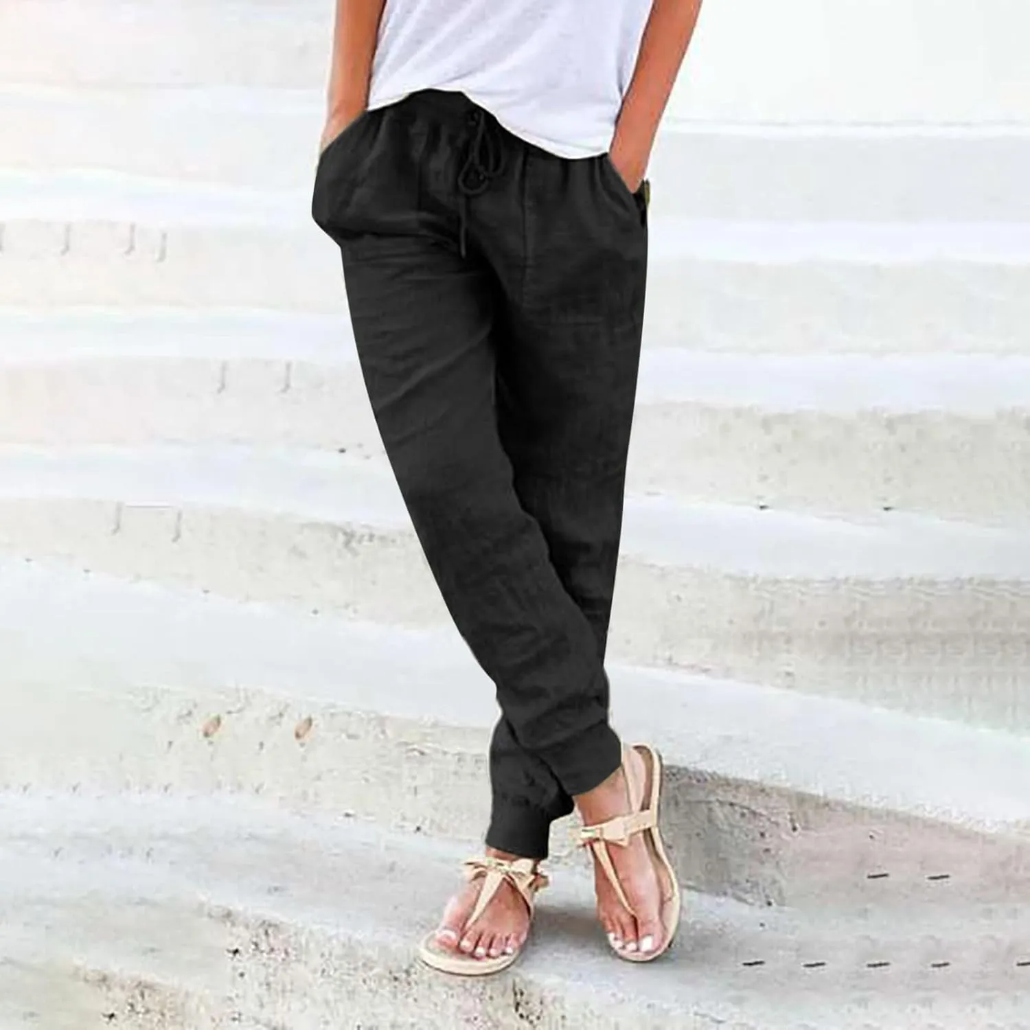 Women Cotton Linen Tapered Pants Drawstring Elastic High Waist Trousers Casual Summer Plus Size Joggers with Pockets