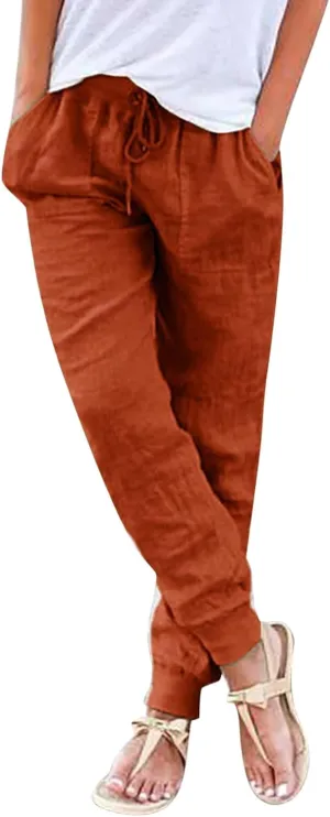Women Cotton Linen Tapered Pants Drawstring Elastic High Waist Trousers Casual Summer Plus Size Joggers with Pockets