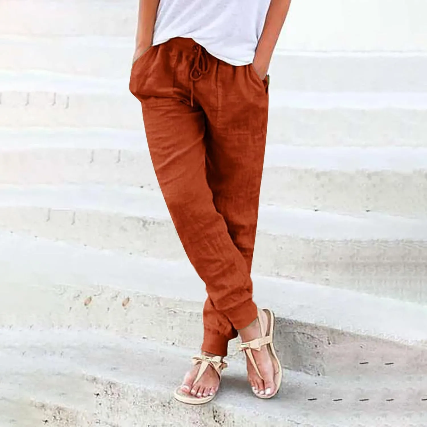 Women Cotton Linen Tapered Pants Drawstring Elastic High Waist Trousers Casual Summer Plus Size Joggers with Pockets