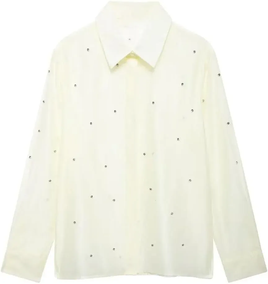 Women European American Casual Blouse Street Style Embroidery Shirts Lapel Button Work Top