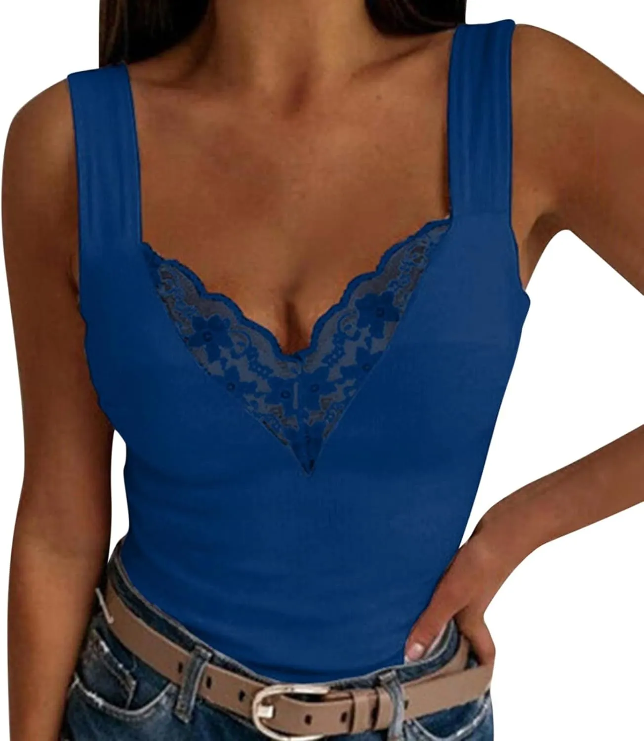 Women Fashion V Neck Floral Print Sleeveless Casual Backless Lace Tank Top Long Tops